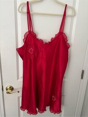 ❤️ Vintage Y2K Inner Most red satin slip dress heart embroidery ruffled hem 1X